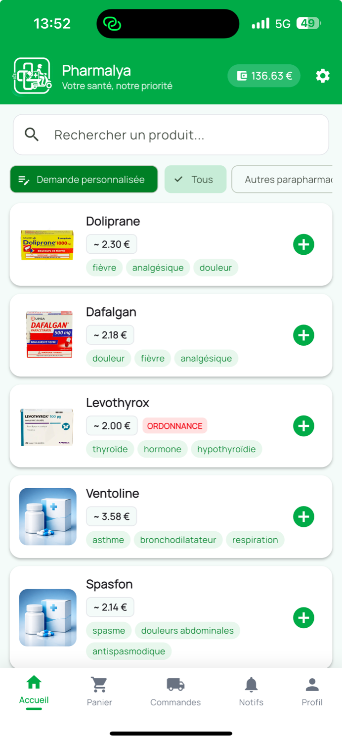 Catalogue de produits de santé dans l'application Pharmalya