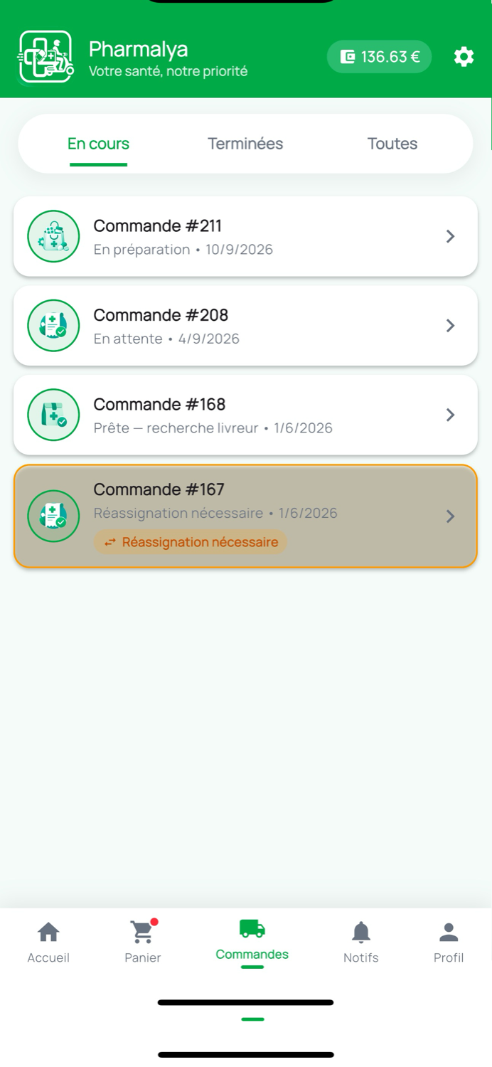 Suivi des commandes dans l'application Pharmalya